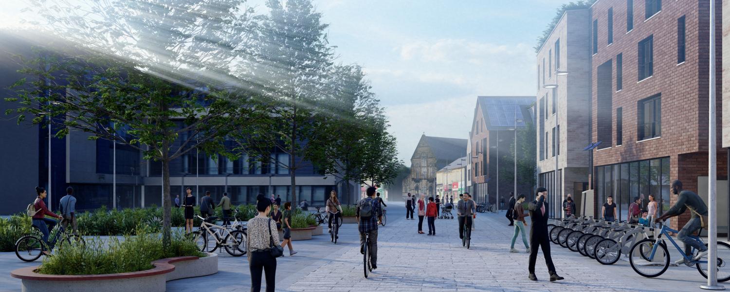 An illustration of the vision for Coatbridge, showing part of the town centre.