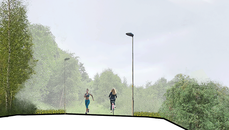 Illustrative cross section of path at top of embankment, in the SINC, by Meadowhead Bridge.