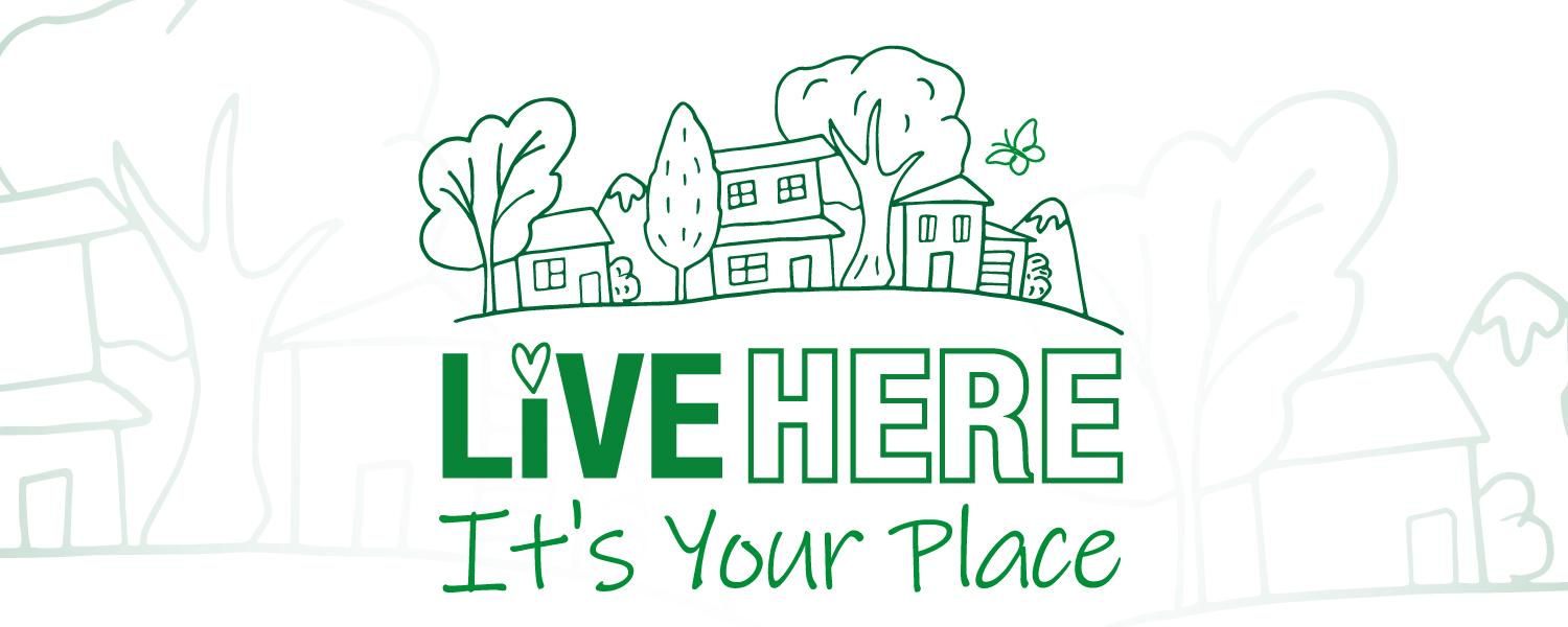 A banner showing an illustration of a town landscape with the council Live Here branding and words "It's your place" below.