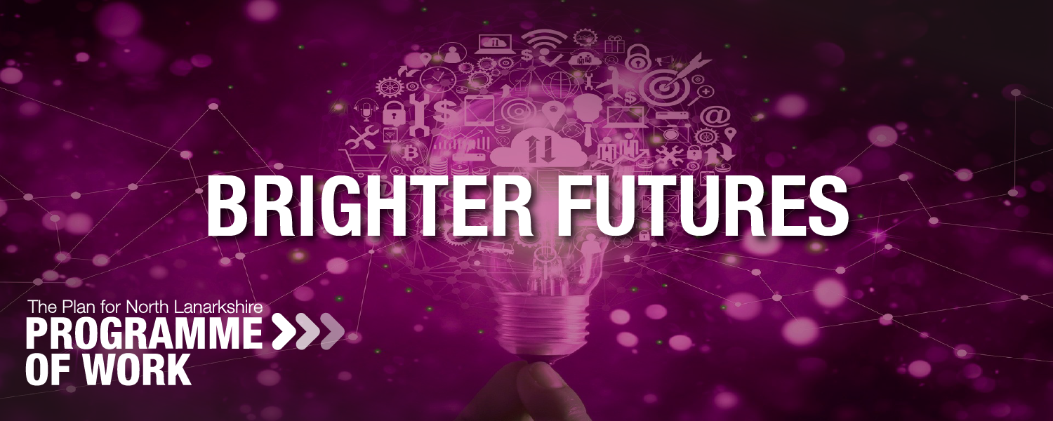 A glowing light bulb surrounded by abstract digital network lines and icons on a purple background with the legend Brighter Futures on top.