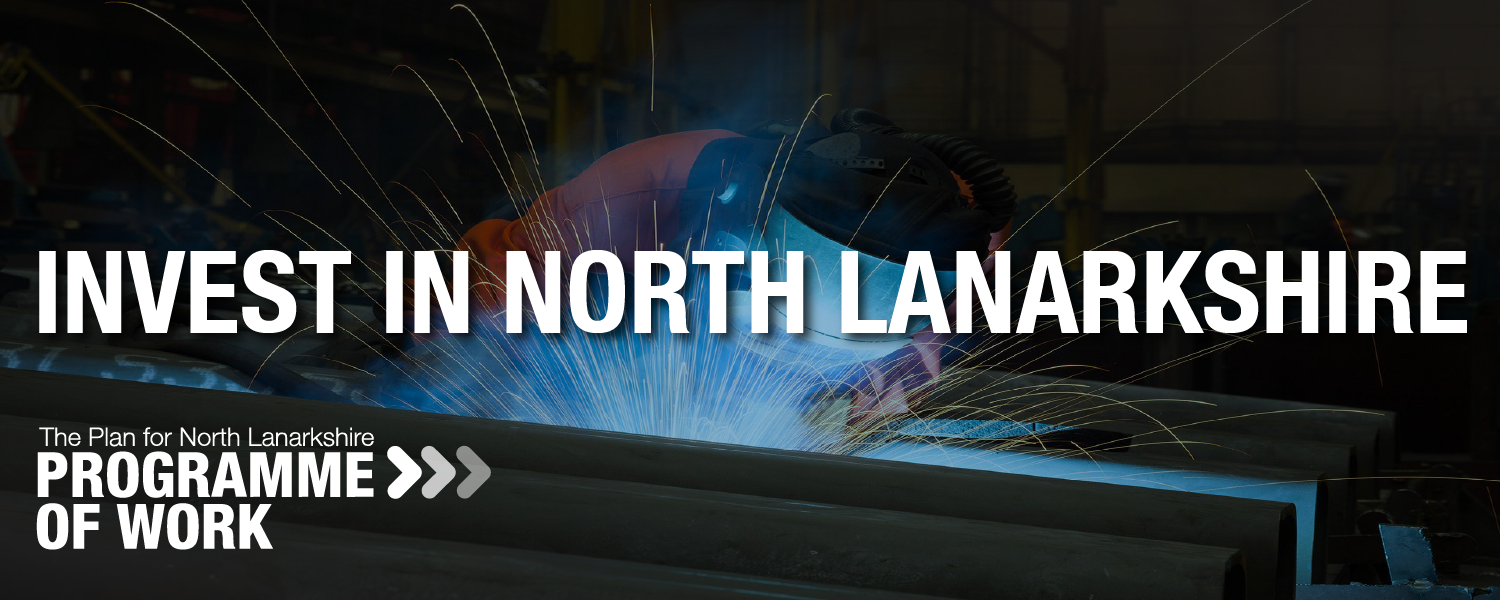 Close-up of industrial machinery producing bright sparks inside a workshop setting with the legend Invest in North Lanarkshire on top.