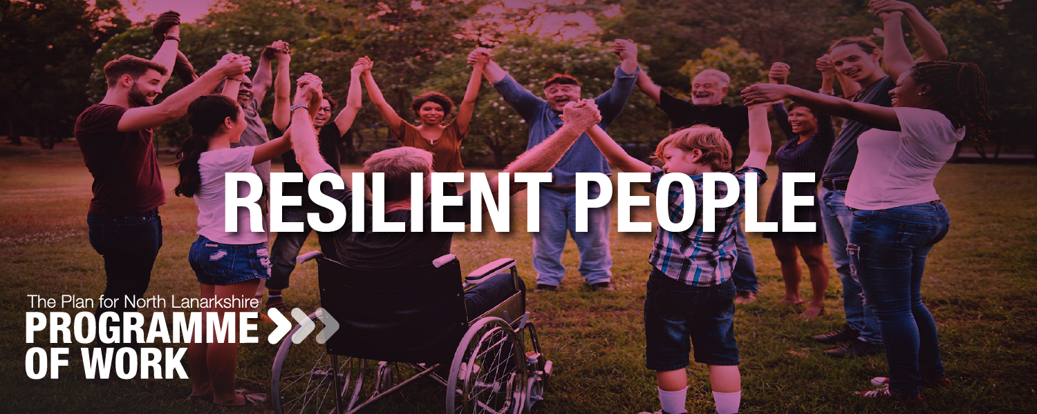 A diverse group of people standing outdoors in a circle with raised arms with the legend Resilient People on top.