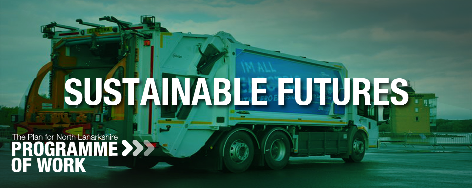 A large waste collection truck with a banner that reads "I'm all Electric with Zero Emissions" parked at Strathclyde Park under a cloudy sky with the legend Sustainable Futures on top.