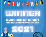 A graphic of a generic certificate in blue with Scottish and international bunting and items which reads "Winner, Summer of sport window display contest, 2021"