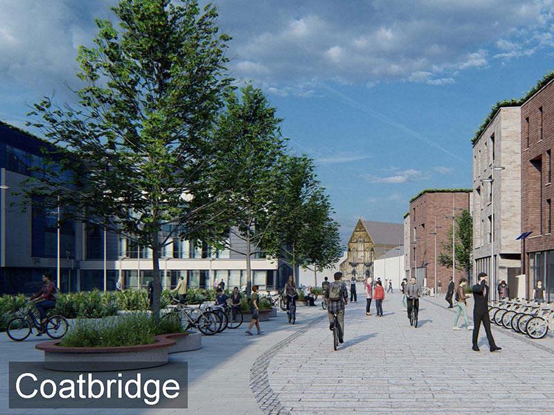 An image of a pedestrianised street showing people walking and cycling