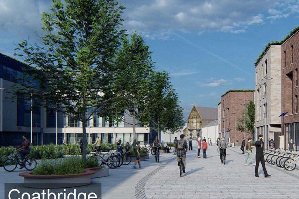 An image of a pedestrianised street showing people walking and cycling