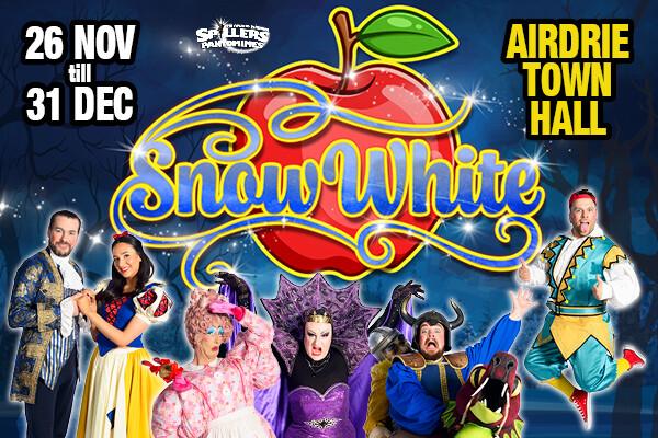 A graphic which has the title of the pantomime, as well as the dates (26 Nov until 31 Dec) and the venue (Airdrie Town Hall).