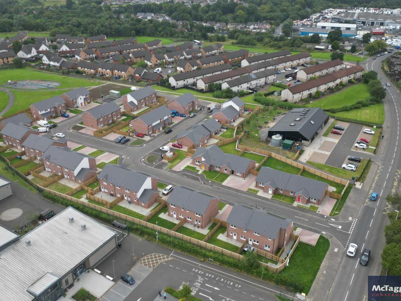 Drone image of new council homes built in Airdrie