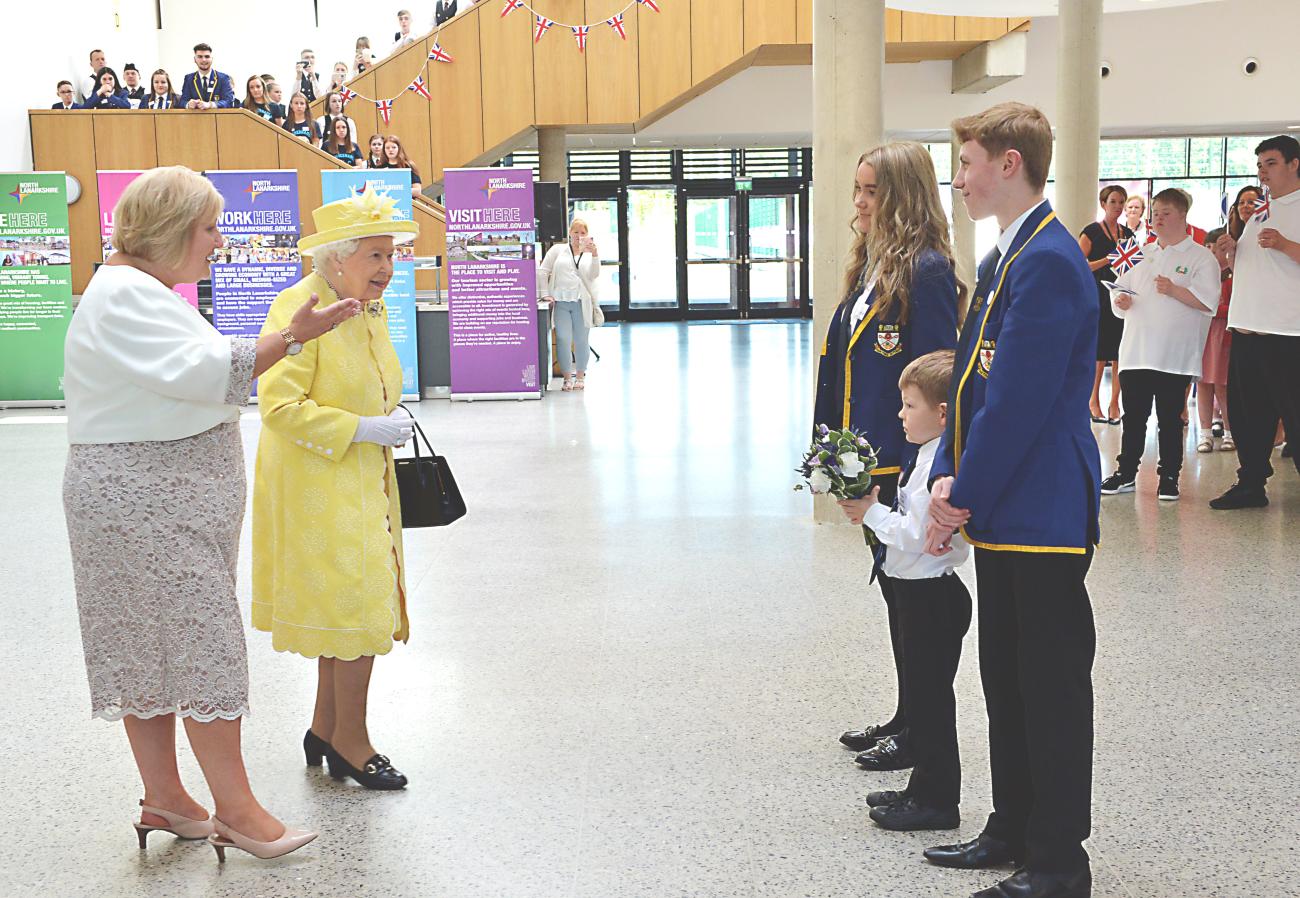 Queen visits Greenfaulds High School in June 2019