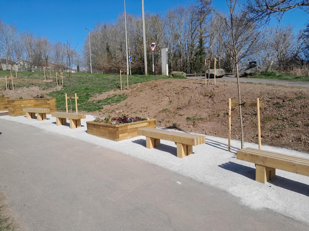 Pathway with new benches and planters