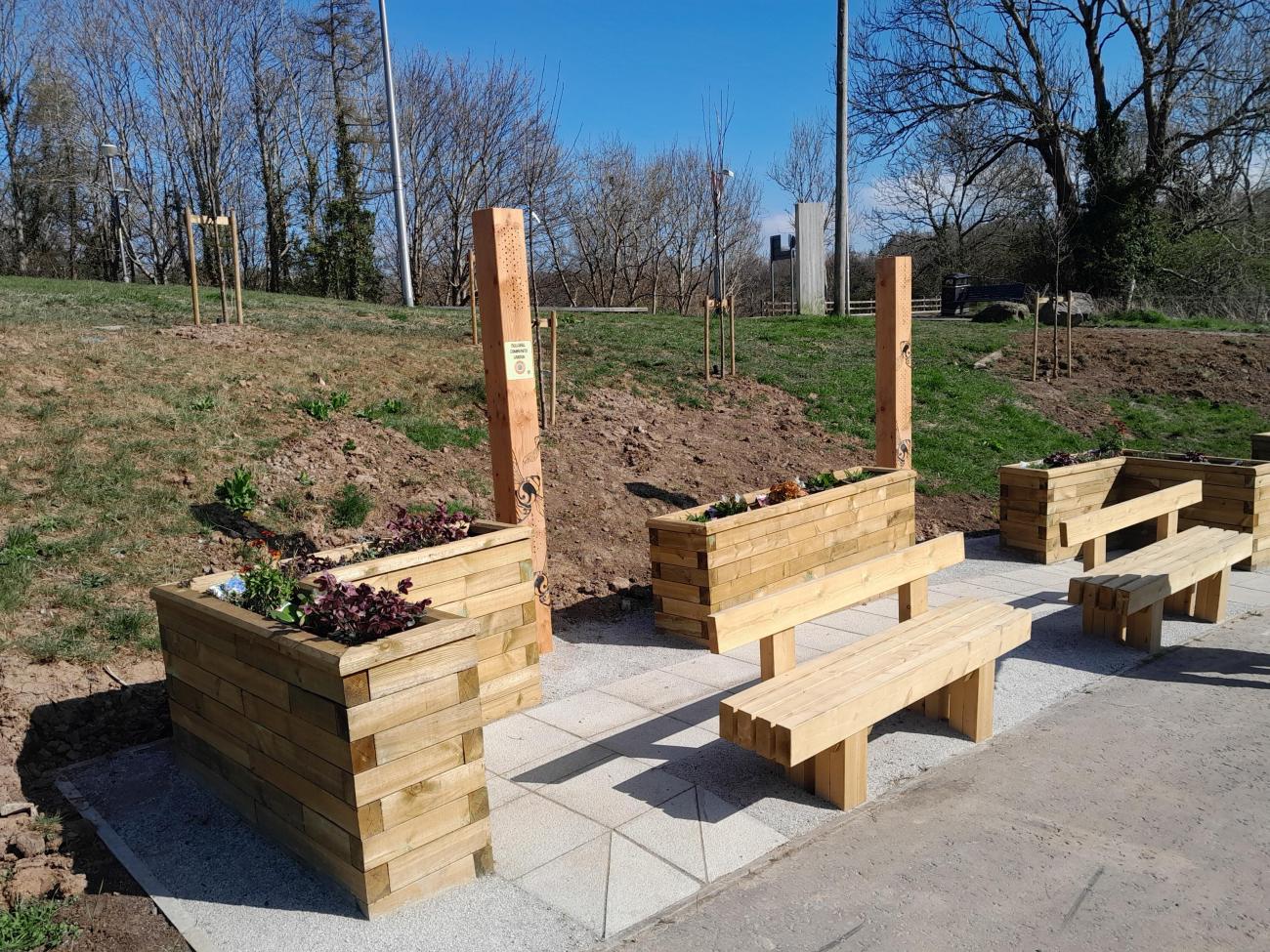 Close up of benches and planters