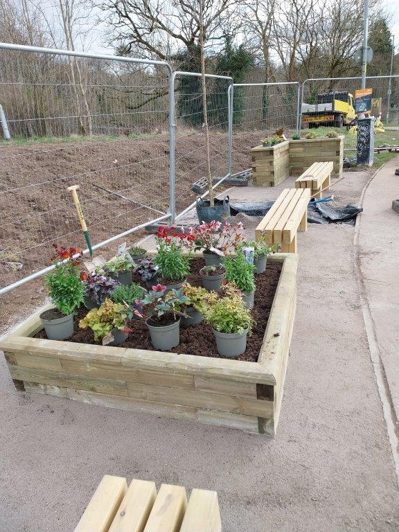 Planter bedding with plant pots. 