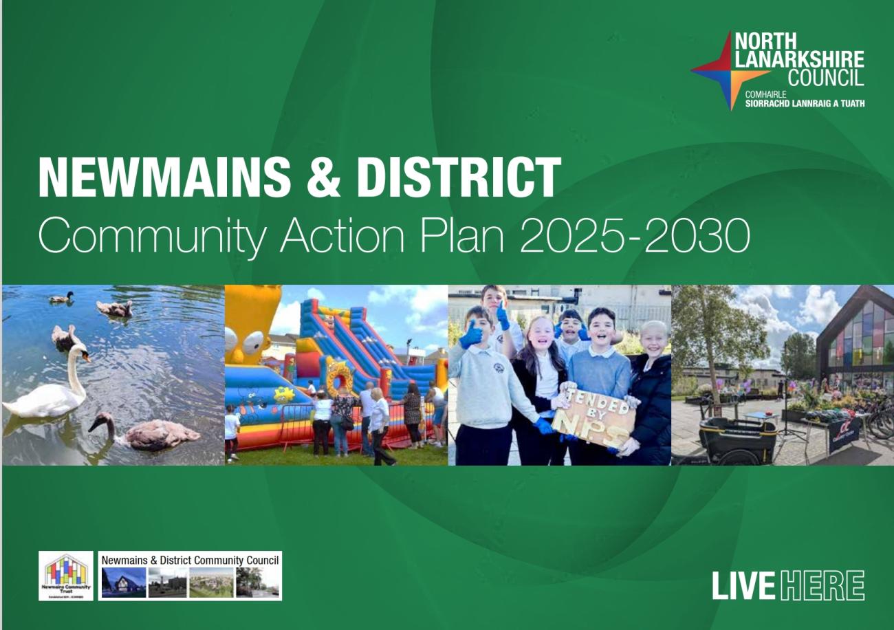 Front cover of action plan, green with a mix pf photos with in and around Newmains