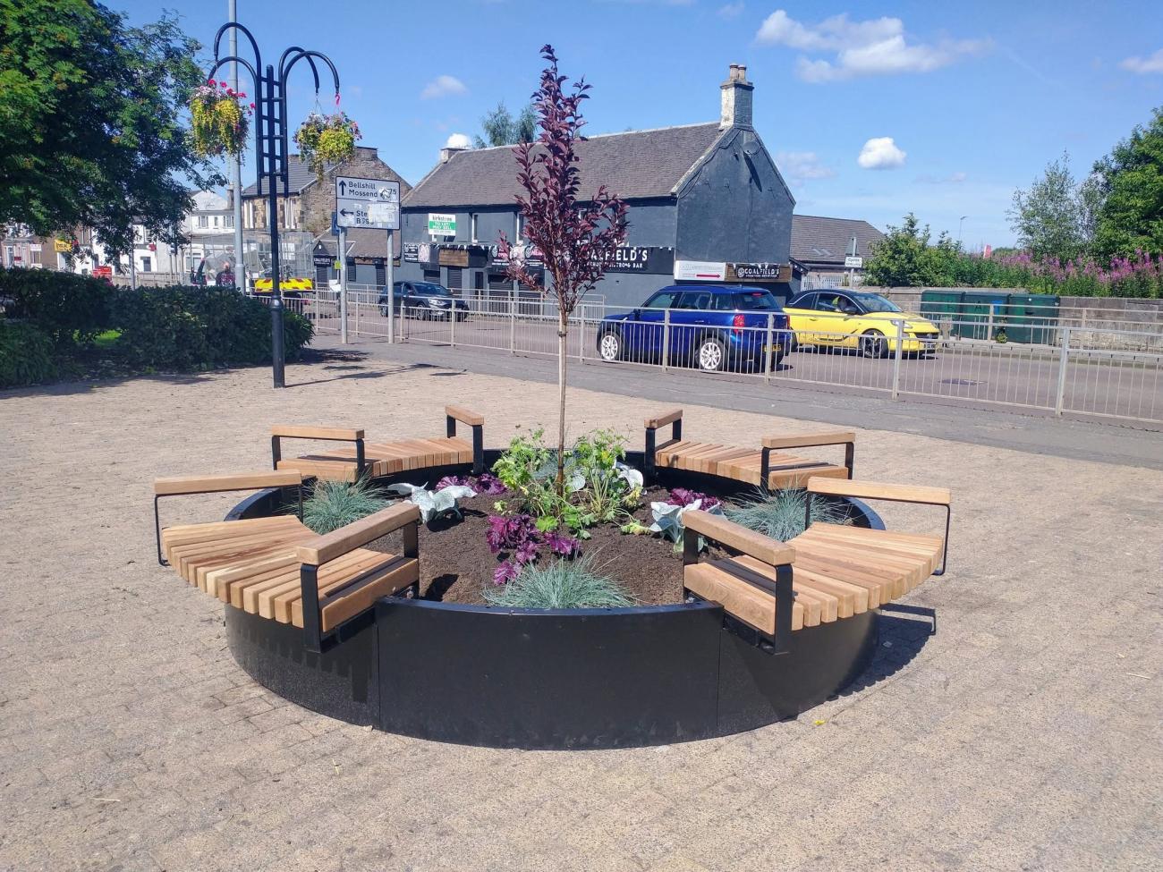 Circle shaped planter with multiple different flowers
