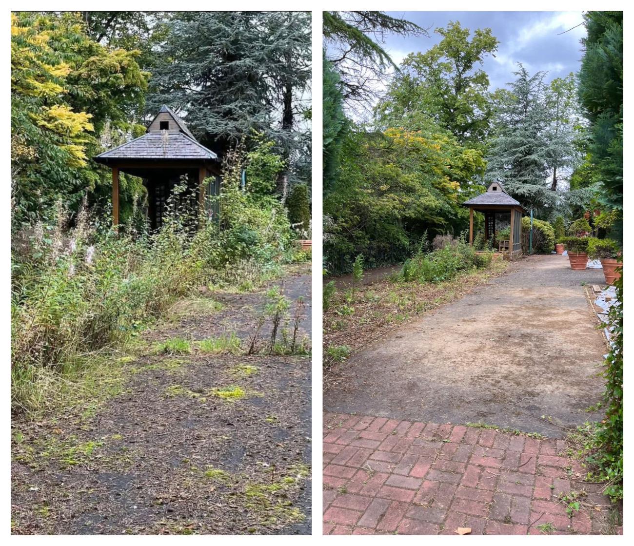 Before and after image showing a pathway overrun with grass and now cleared 