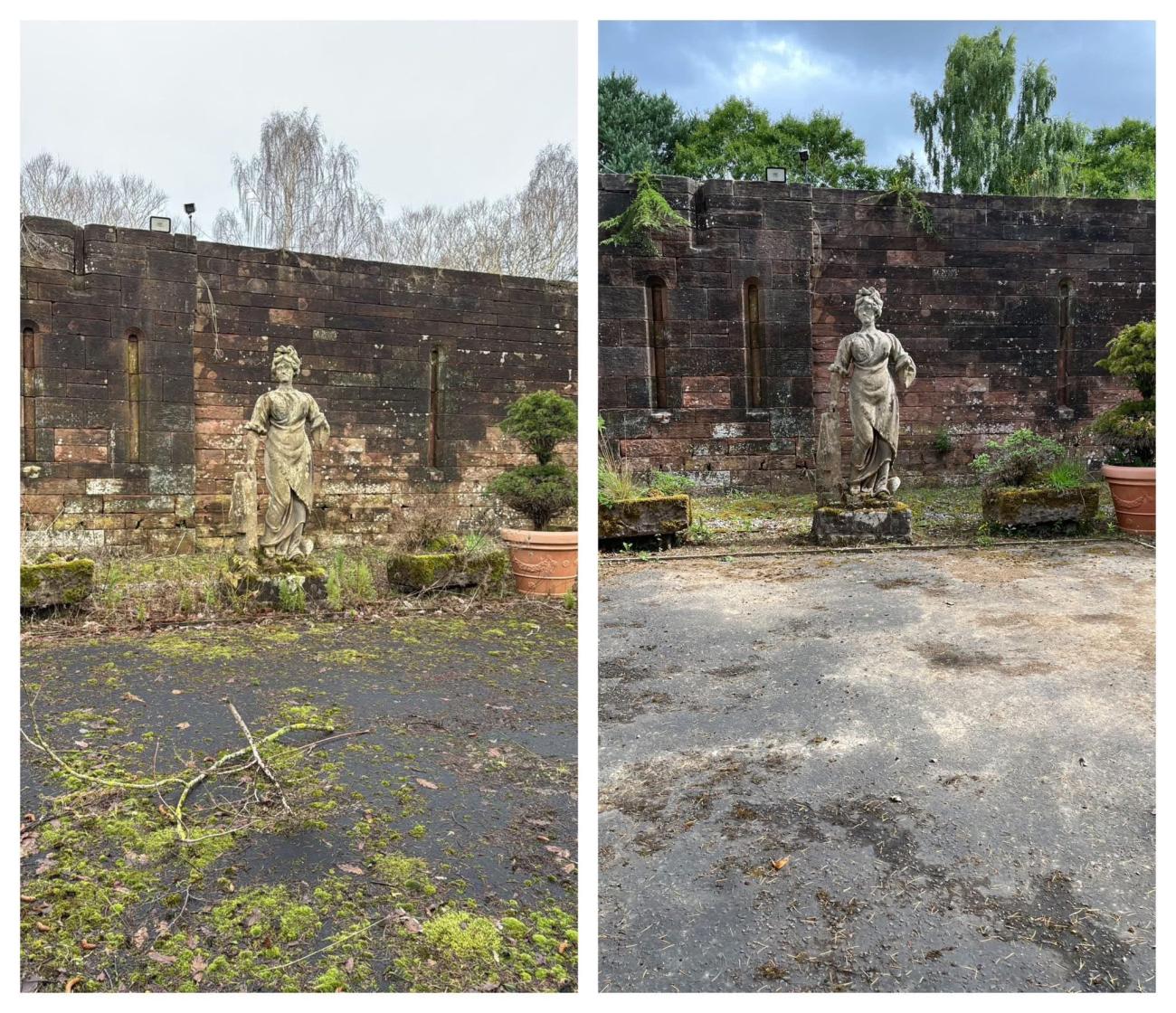 Before and after images of stone work and statue covered in moss before now clean and cleared