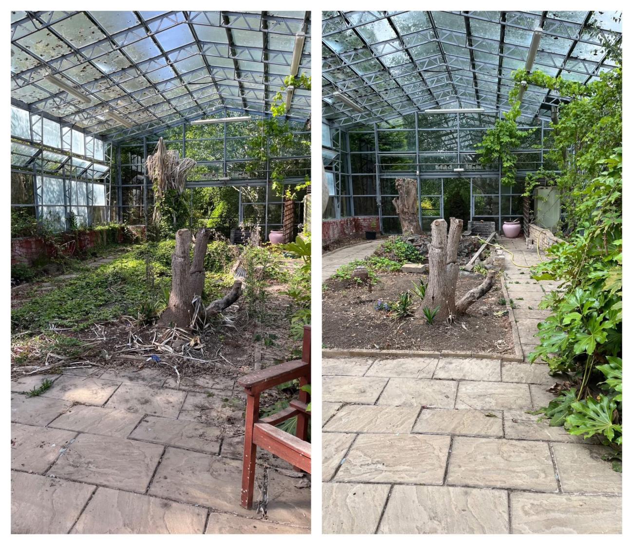 Before and after image showing pathway being worked on and now clear and clean
