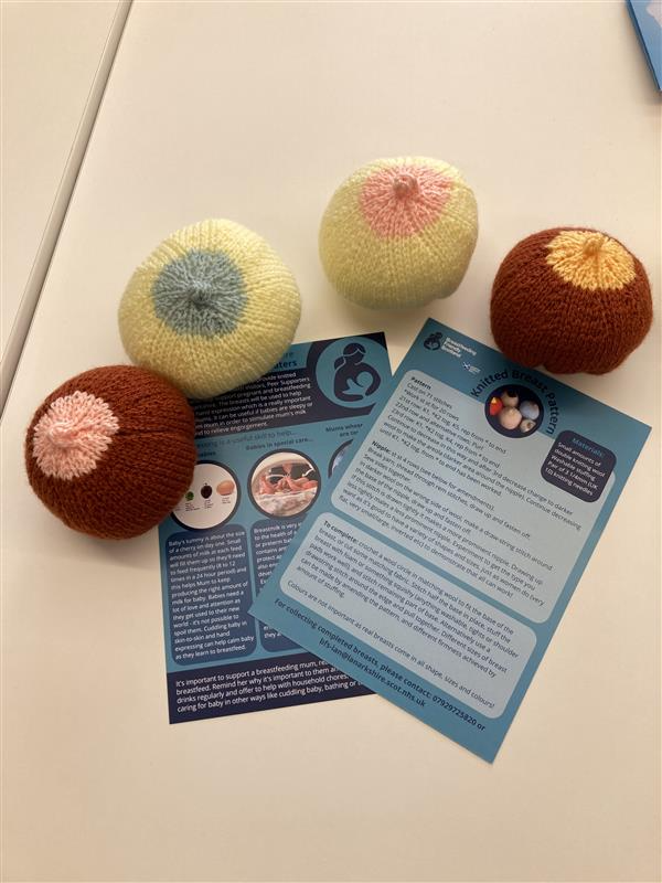 Knitted breast and informational leaflets to advise on benefits of breastfeeding