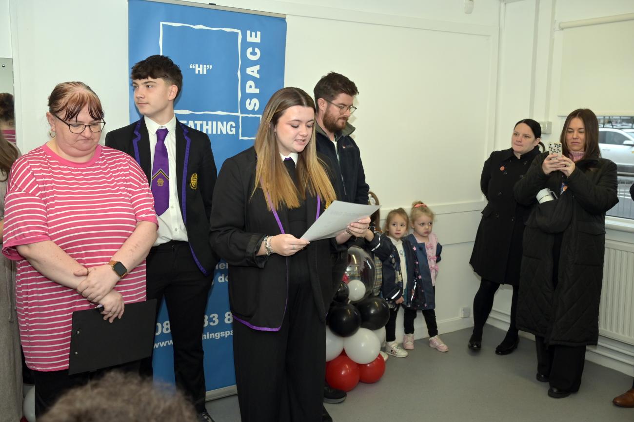 Local High School Pupils delivering a speech on the importance of breathing space and mental health. 