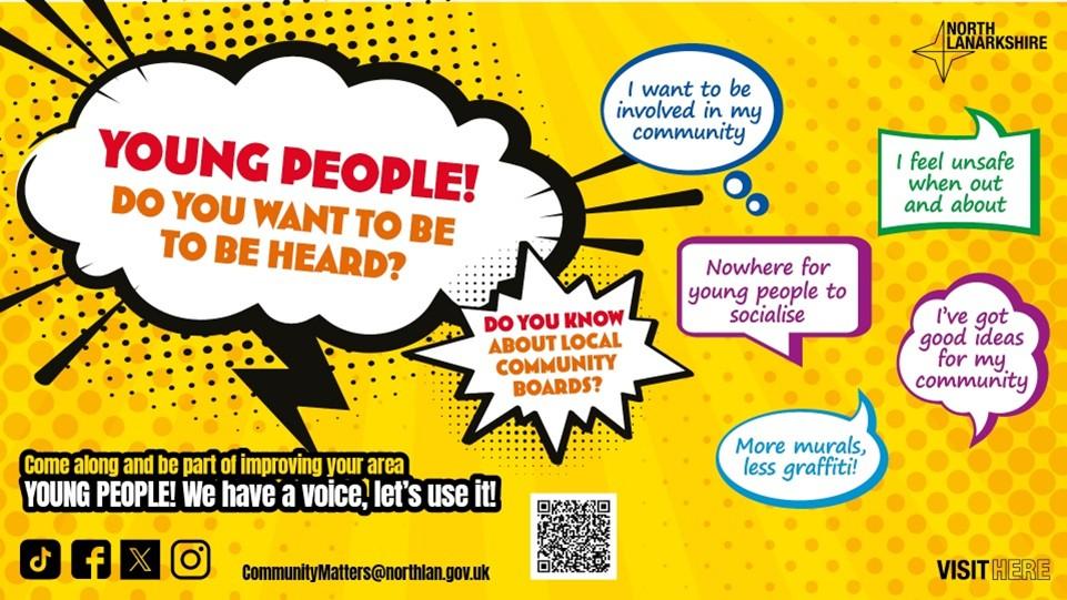 Pop art stylised poster informing young people to get involved in community priorities