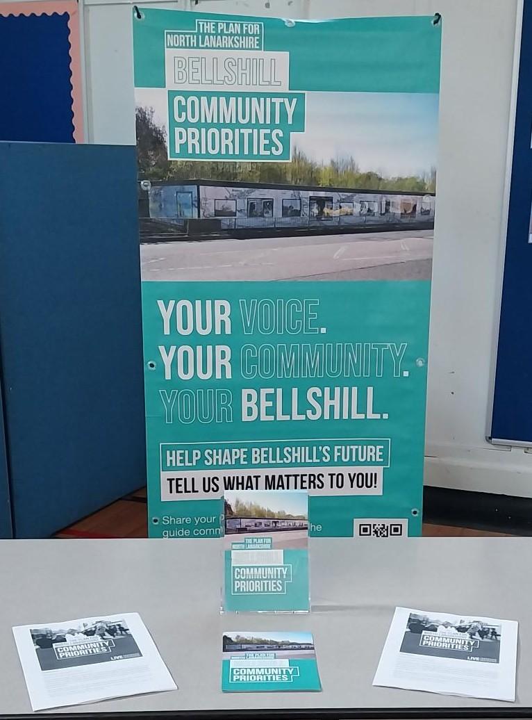 Image of Bellshill Community Priorities banner highlighting scenery from Bellshill with a QR code to fill out survey digitally