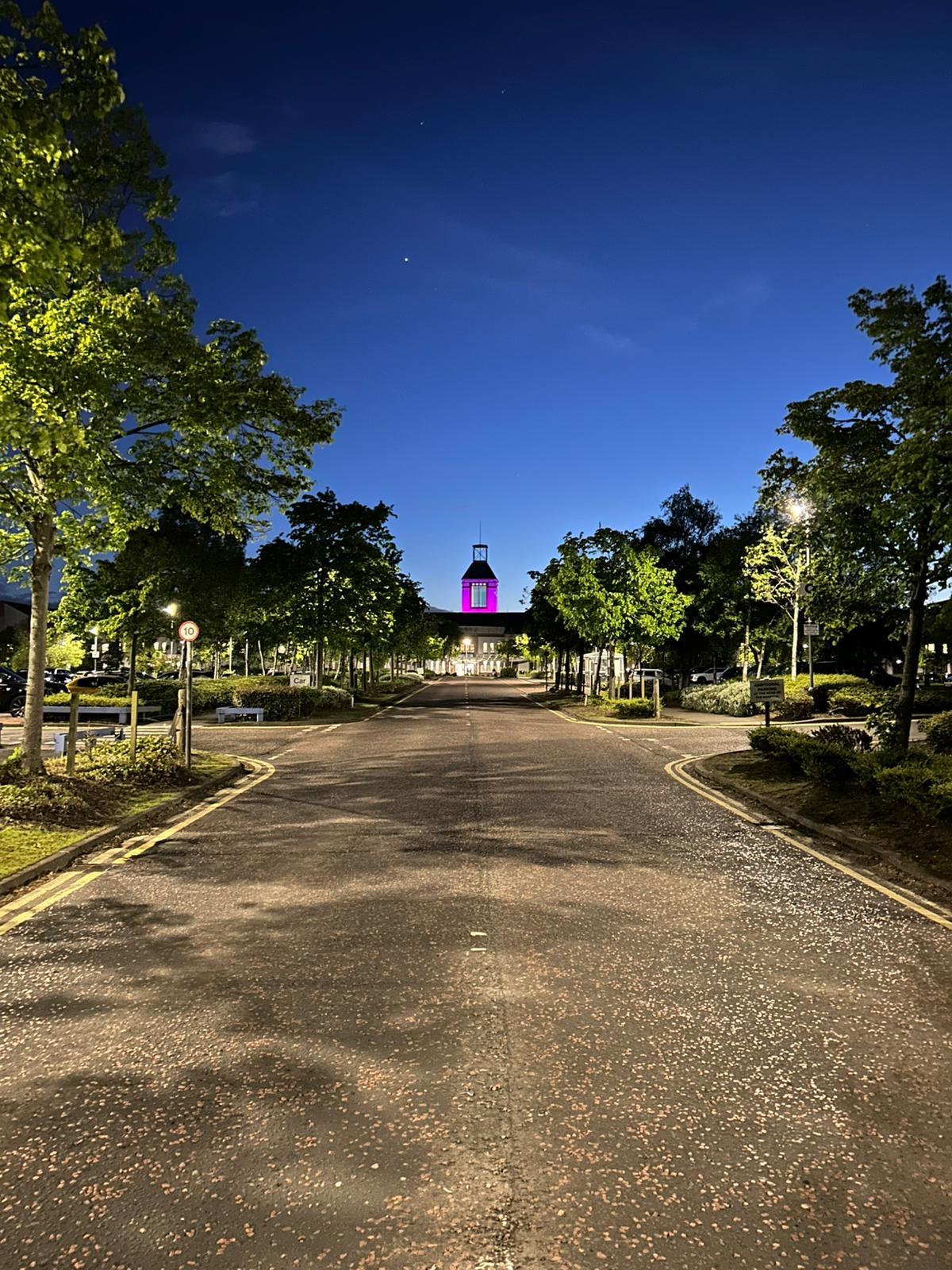 Wishaw Hospital Spire lit up pink to support mental health week