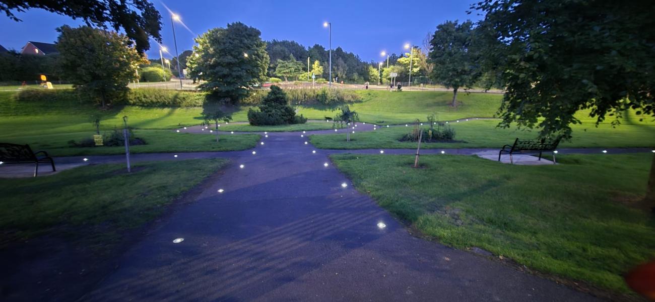 pathway with lights on each side of path 
