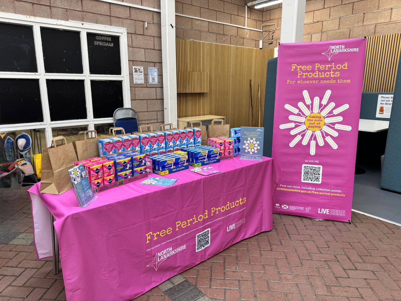 table with free period products on display