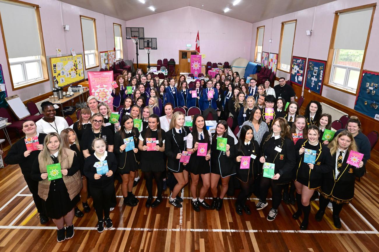 Image of pupils and staff at the Period Ambassador Programme launch